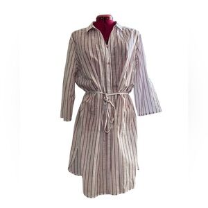 Anko cotton 3/4 length sleeve buttondown stripe swim coverup waist tie
